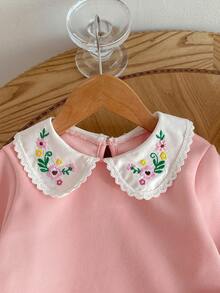 SHEIN 女童A字连衣裙，刺绣荷叶边领，长袖，休闲装 - 藕粉色 - 查看 9