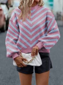 SHEIN LUNE Sweater Rajut Bergaris Lengan Lentera Kasual Wanita - Berwarna merah muda - View 6