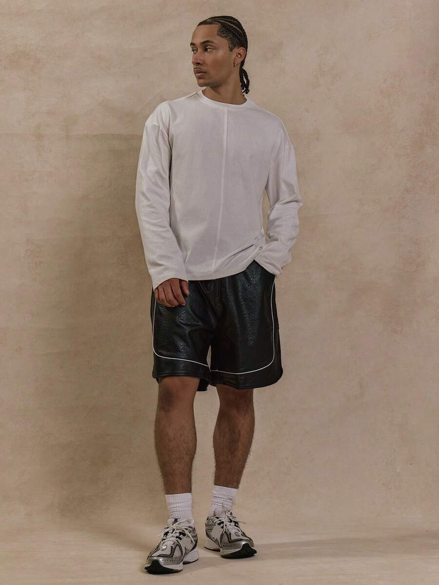 Musero Men Contrast Lining Boxer Style Faux Leather Shorts Elasticated Waistband Basics Autumn Winter - Black - View 1