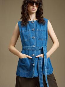 Ontre Women's Casual Washed Denim Sleeveless Jacket With Belt, Simple And Elegant Business Casual Outerwear For Autumn/Winter - Medium Wash - View 8