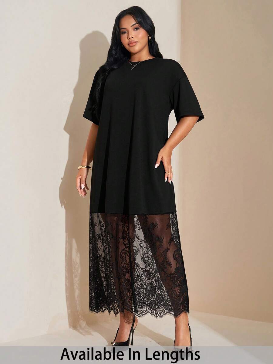 SHEIN Tall CURVE 大码纯色宽松休闲短袖T恤和蕾丝连衣裙，时尚外出和通勤 - 黑色 - 查看 1