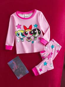 THE POWERPUFF GIRLS X SHEIN Bộ đồ ngủ liền thân thoải mái 2 món đồ bơi liền thân cổ tròn tay dài họa tiết hoa, bong bóng, mao lương dễ thương cho bé gái - Hồng - Xem 2