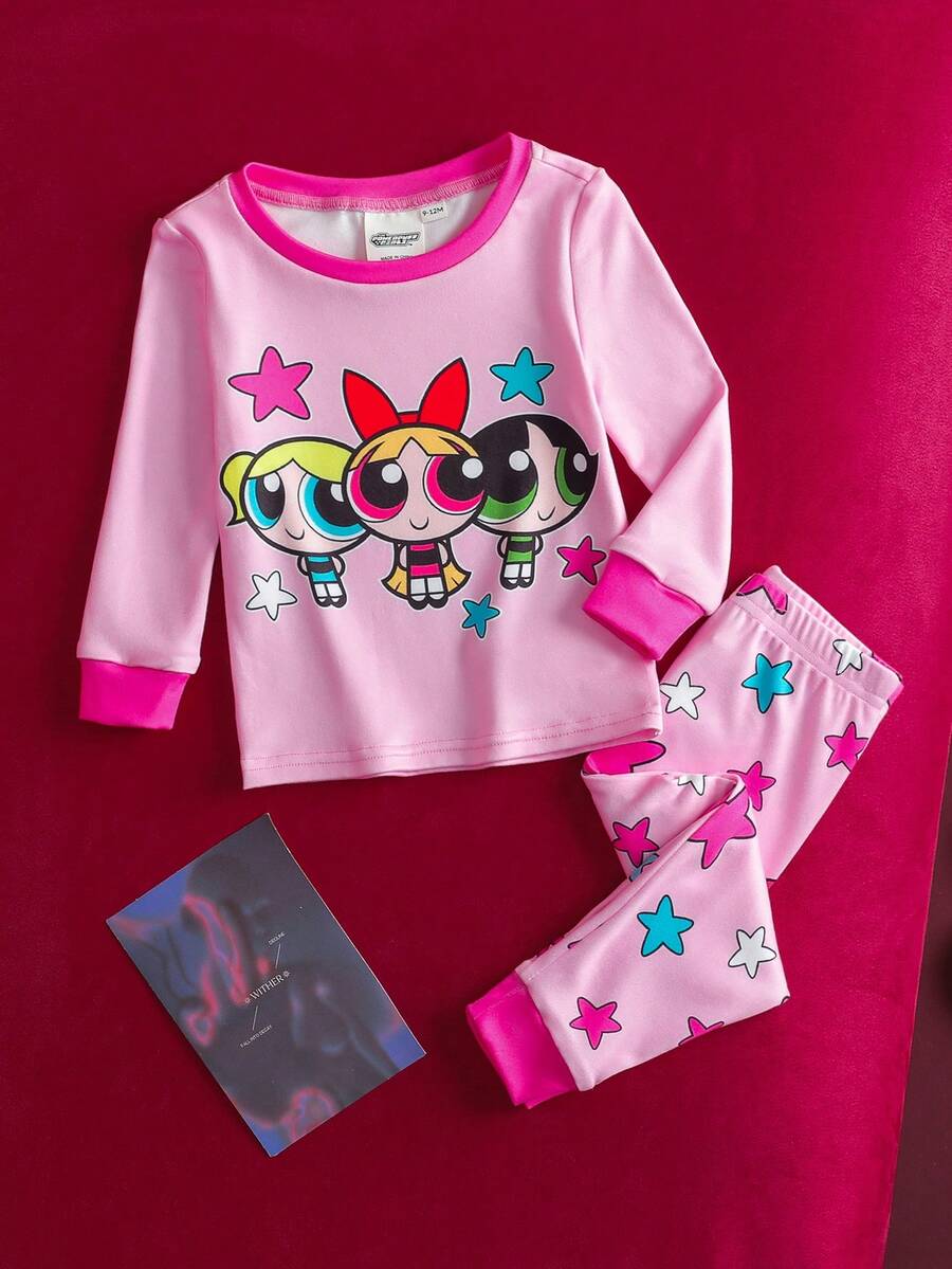 THE POWERPUFF GIRLS X SHEIN 2件套女婴可爱花朵、泡泡、毛茛图案撞色圆领长袖上衣和打底裤针织紧身舒适睡衣套装 - 粉色 - 查看 1