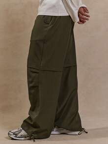 Musero Men Wide Leg Baggy Knee Overlay Panels Ruched Double Style Waistband Elasticated Drawstring Waist Pants SPRING SUMMER - Army Green - View 3