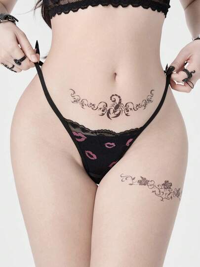 Goth Women's Gothic Sexy Lip & Floral Pattern Crotchless Panties