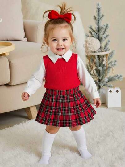 Playful Pals Conjunto de 3 piezas para niñas bebé: chaleco de punto + camisa de manga larga + falda plisada a cuadros, estilo coreano casual retro, versátil, tipo uniforme escolar, adecuado para salidas diarias y atuendo de regreso a clases