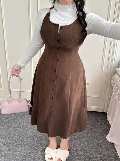 SHEIN EZwear Vestito in velluto senza maniche, stile vintage, spesso, con chiusura a bottoni, vita stretta, reversibile, adatto per autunno/inverno, taglie comode