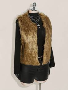 SHEIN ICON Plus Size Vintage Brown Faux Fur Sleeveless Jacket, Autumn/Winter Fur Vest Coat Women Western Vest Fur Coat Women - Camel - View 4