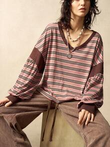 Bohemela Camiseta suelta de mujer de manga larga con cuello en V de parchwork de punto a rayas, ropa de invierno para mujer, blusa a rayas de hombros descubiertos de manga larga de mujer para otoño e invierno, ropa de mujer, parte superior a rayas de color albaricoque, ropa exterior, blusa de hombros descubiertos a rayas, blusa casual de mujer, camiseta de manga larga, blusa de Navidad, blusa de Año Nuevo, blusa marrón, blusa a rayas marrones, otoño, ropa de otoño para mujer - Multicolor - Ver 2