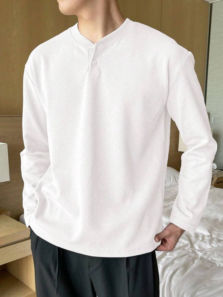 Men's Solid Color Half-Zip White T-Shirt, Autumn