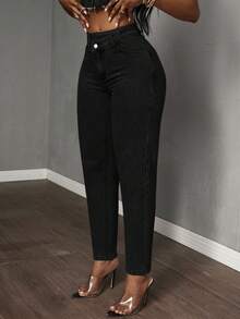 SHEIN Tall CURVE Plus Size Casual Asymmetric Waist Tapered Washed Denim Jeans - Black - View 3