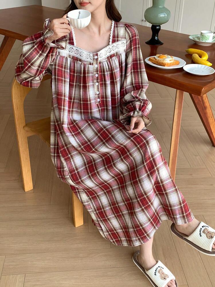 DAZY 女士甜美格子荷叶边睡裙，秋冬季，宽松睡衣 - 紅色 - 查看 5