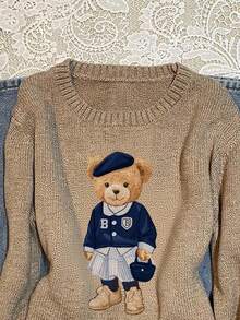 SHEIN EZwear Plus Size Women's Casual Brown Bear Graphic Sweater, Khaki Color Is Very Flattering! Suitable For Fall/Winter