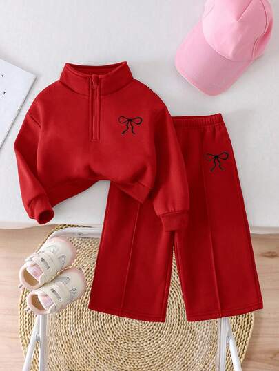 SHEIN 2pcs Baby Girl Fleece Sweatshirt & Pants Set, Embroidered Letter Design, Casual Outfit For Outdoor & Indoor Wear, Autumn/Winter Red Two Piece Outfit Toddler Autumn And Winter Two Piece Suit Toddler Co Ord Red Baby Outfits Two Piece Winter Outfits For Toddler Girl