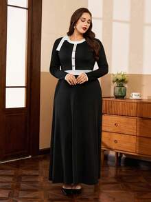 Auvina 大码女式时尚优雅撞色连衣裙 - 黑與白 - 查看 5