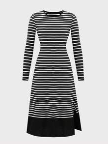 Tween Mädchen) Lässiges, elegantes, schlichtes Pendler-Kleid für Herbst/Winter mit gestreiftem Patchwork, Schlitz und langem Strick-Schnitt - Schwarz - Übersicht 3
