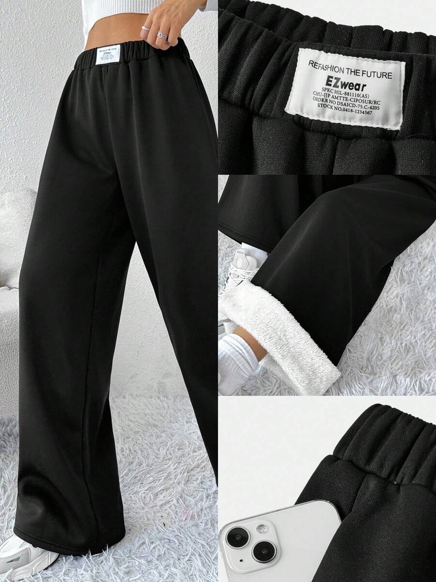 SHEIN 少女宽松针织阔腿运动裤,舒适休闲日常穿着宽松灰色运动裤,弹性腰带加厚宽松阔腿运动裤,带保暖内衬,慢跑裤,家居服黑色运动裤,保暖内衬裤 - 黑色 - 查看 1