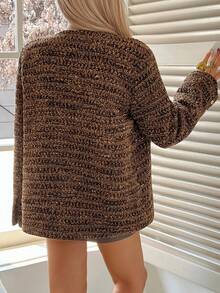 DAZY 女士休闲V领碎花粗花呢常规款外套，秋季女式大衣 - 棕色 - 查看 2