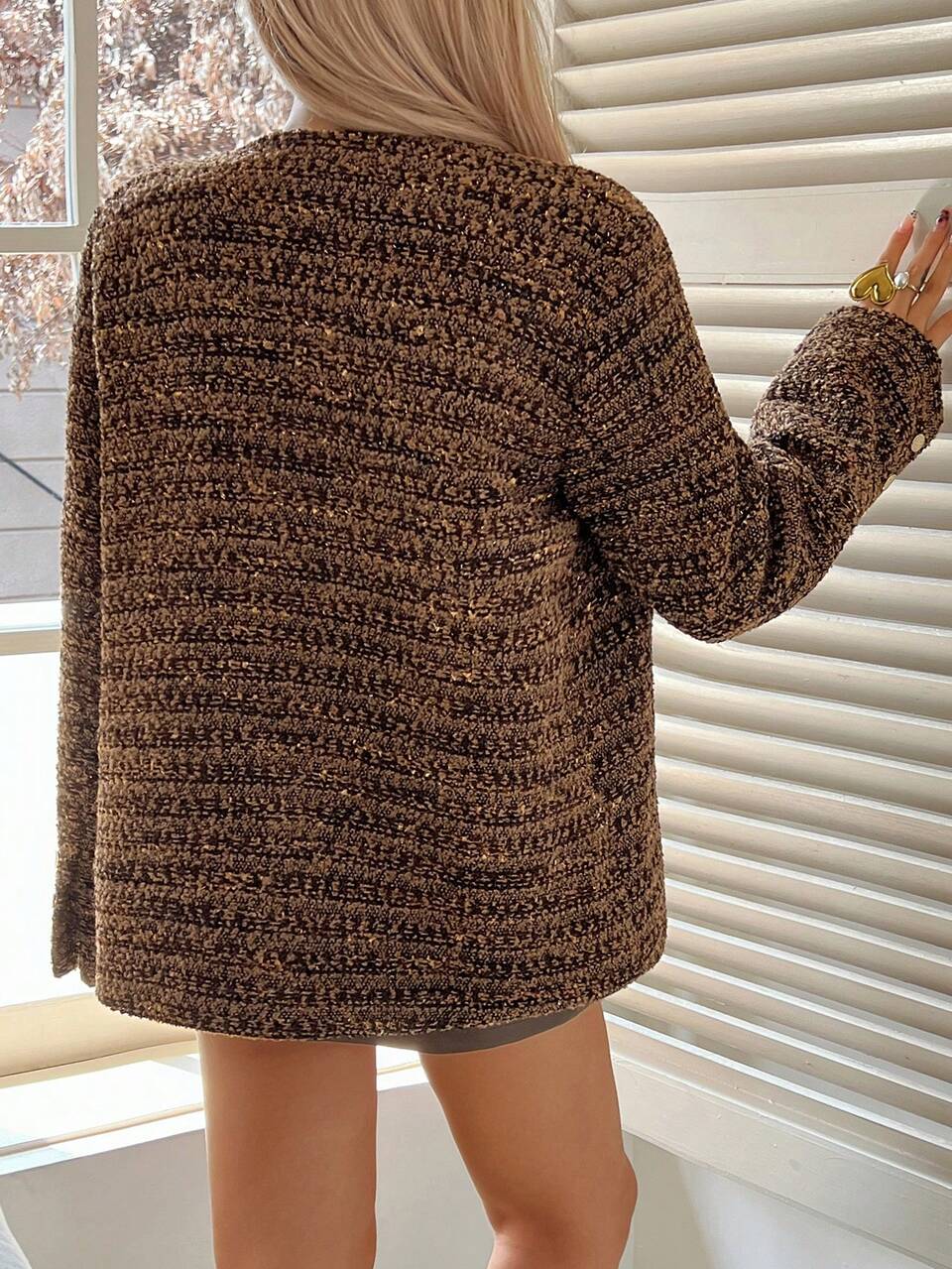 Women's Casual V-Neck Floral Tweed Regular Jacket, Autumn Women Coats