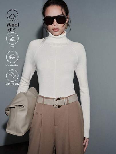 SHEIN Luminelle 女士柔软舒适高领毛衣，羊毛和羊绒混纺，修身针织套头衫，适合秋冬季