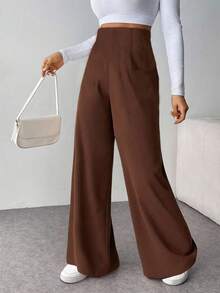 SHEIN Tall CURVE 大码女式简约休闲时尚高腰纹理阔腿裤 - 咖啡棕 - 查看 4