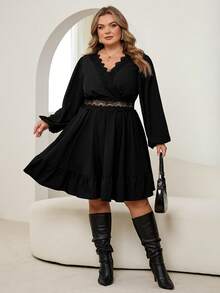 SHEIN CURVE+ Váy ren vá màu trơn thanh lịch cỡ lớn - màu đen - Xem 9