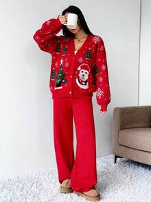 Zielony 女士时尚休闲简约节日派对家居日常百搭秋冬装，圣诞派对装，长袖纽扣 V 领圣诞提花雪人提花红撞色绿白芝麻底提花毛衣和裤子 2 件套 - 紅色 - 查看 5