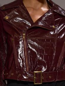 MUSERA Print PU Faux Fur Sleeves Cropped Biker Jacket Only Autumn Winter Sexy Elegant Occasion Party Evening  Valentines Elegant - Burgundy - View 6