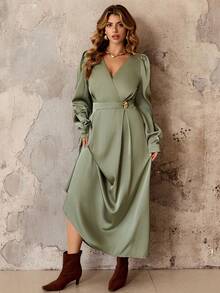 Roveilla Đầm dài tay chữ A cổ chữ V phối ren satin, eo thắt khóa kim loại, thanh lịch, lãng mạn, phù hợp mặc đi làm, thường ngày, phong cách đường phố, nơi làm việc, mùa thu/đông - xanh quân đội - Xem 8