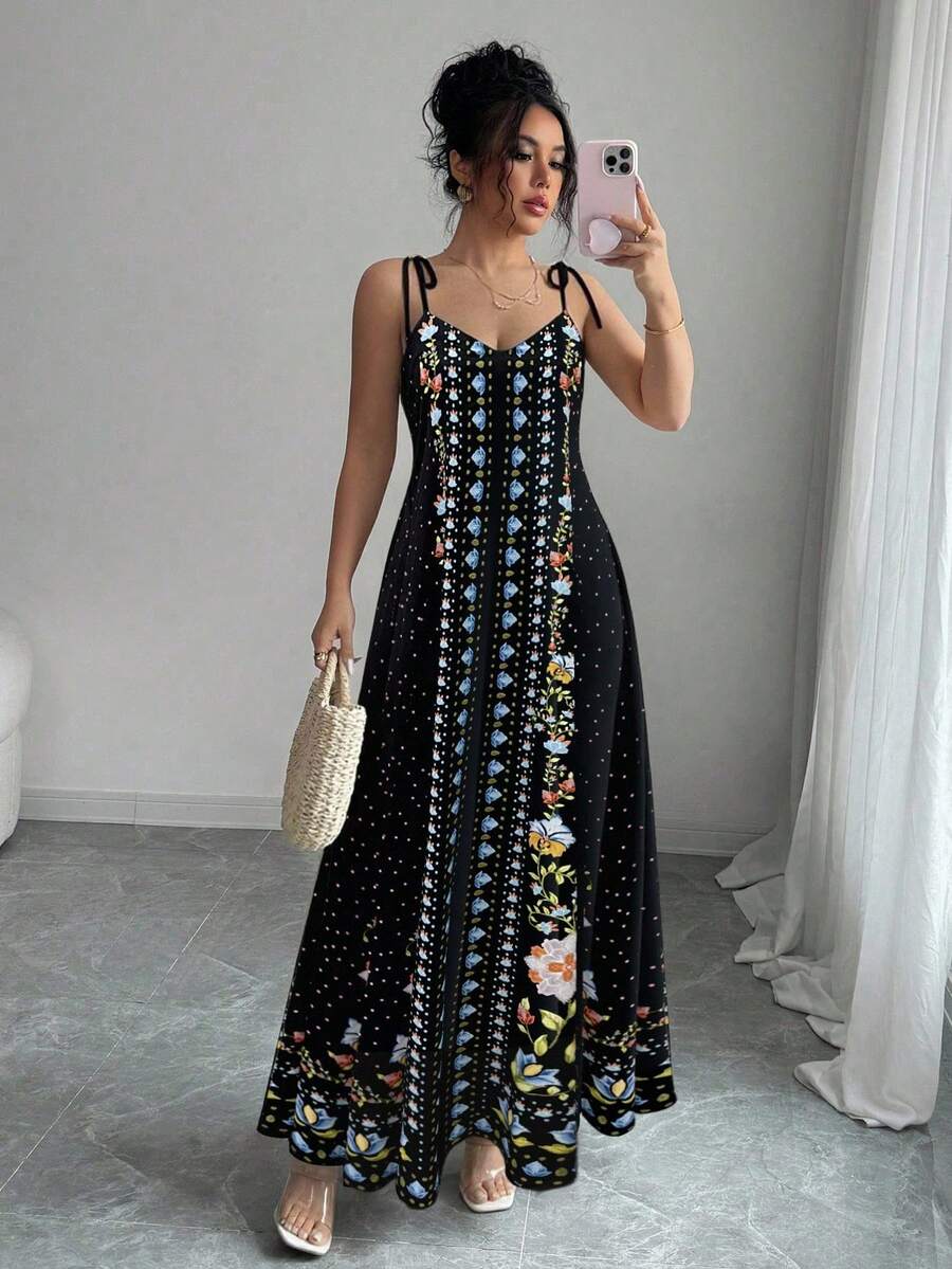 Rafferiza 女士宽松印花吊带连衣裙，度假沙滩装 - 黑色 - 查看 1