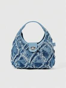 ROMWE Kawaii Túi Mini Hobo Bag Twist Lock Raw Trim Denim Underarm Bag, Túi Satchel khóa xoay thời trang, Túi đeo chéo Hobo đơn giản, Ví Jean cổ điển dành cho nữ - Màu xanh nhạt - Xem 2