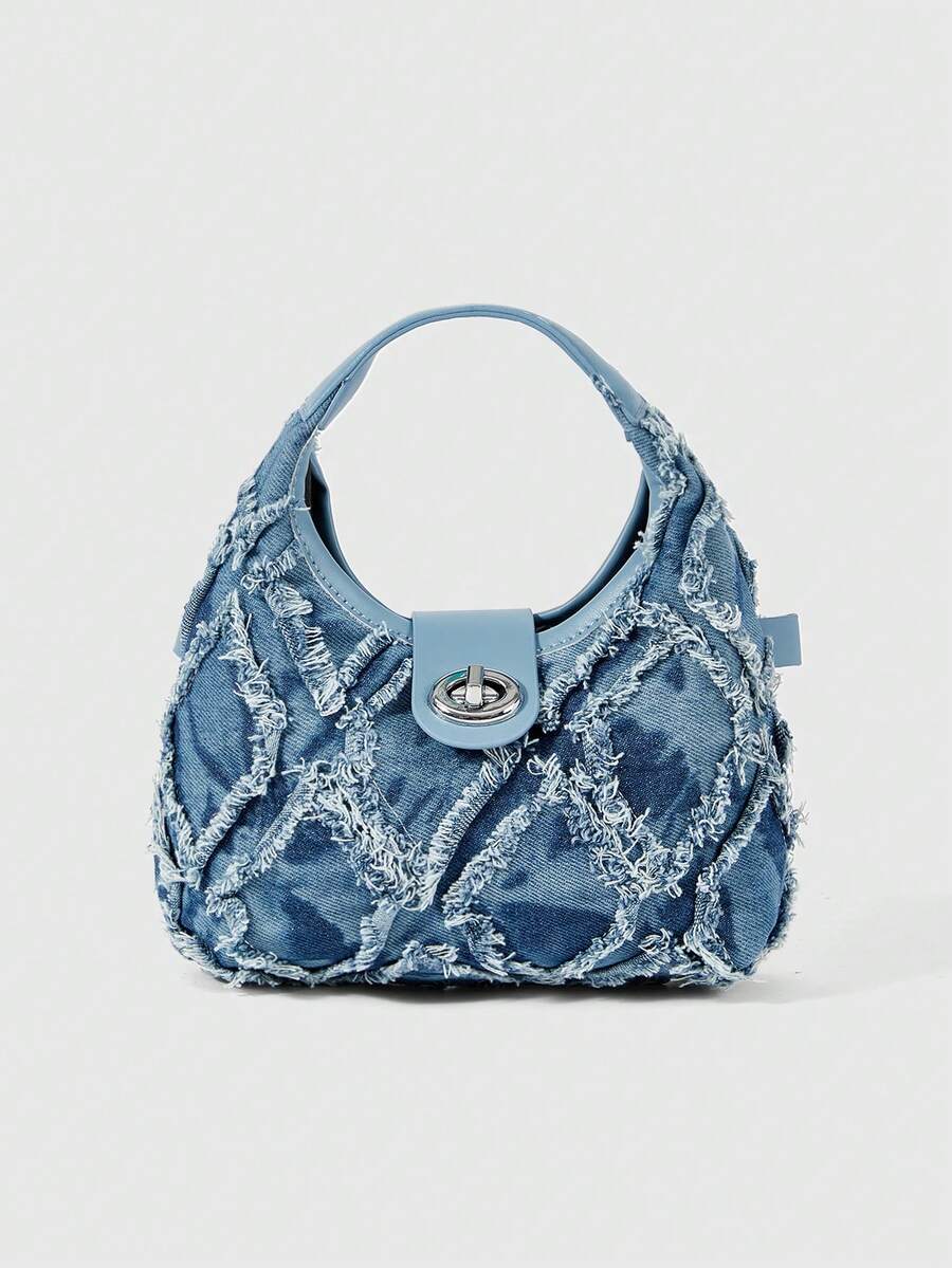 ROMWE Kawaii Túi Mini Hobo Bag Twist Lock Raw Trim Denim Underarm Bag, Túi Satchel khóa xoay thời trang, Túi đeo chéo Hobo đơn giản, Ví Jean cổ điển dành cho nữ