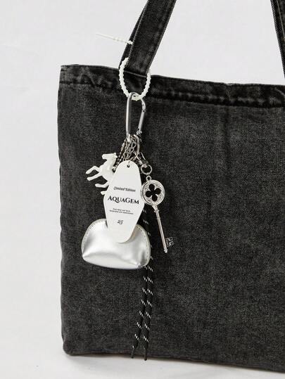 ROMWE Kawaii 1 个简约银色婴儿钥匙扣；1 个激光小马钥匙扣吊坠 Y2K