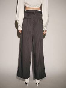 Lumivelle 条纹印花口袋褶裥休闲女裤 - 灰色 - 查看 2