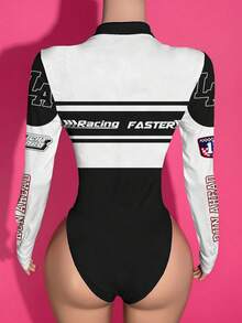 Slaydiva Y2K休闲街头风连体衣 V领长袖狂欢连体衣/性感连体衣/女士秋季服装/Y2K服装/街头服饰/外出装/F1赛车图案/摩托车队图案/长袖连体衣 - 彩色 - 查看 2