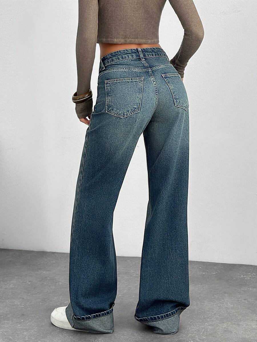 EURMUSE Women's Mid-Rise Washed Comfortable Breathable Slant Pocket Loose Wide-Leg Jeans - Medium Wash - View 1