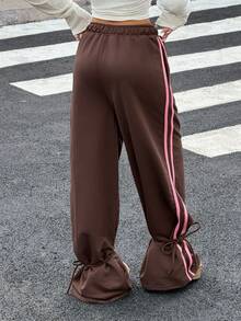 Muchica Women Fashion Brown Contrast Stripe Side Slit Drawstring Waist Loose Sweatpants For Going Out, Back To School, Streetwear - Brown - View 2