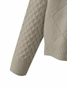 EMERY ROSE 女士镂空菱形图案粗针织开衫 - 卡其色 - 查看 3