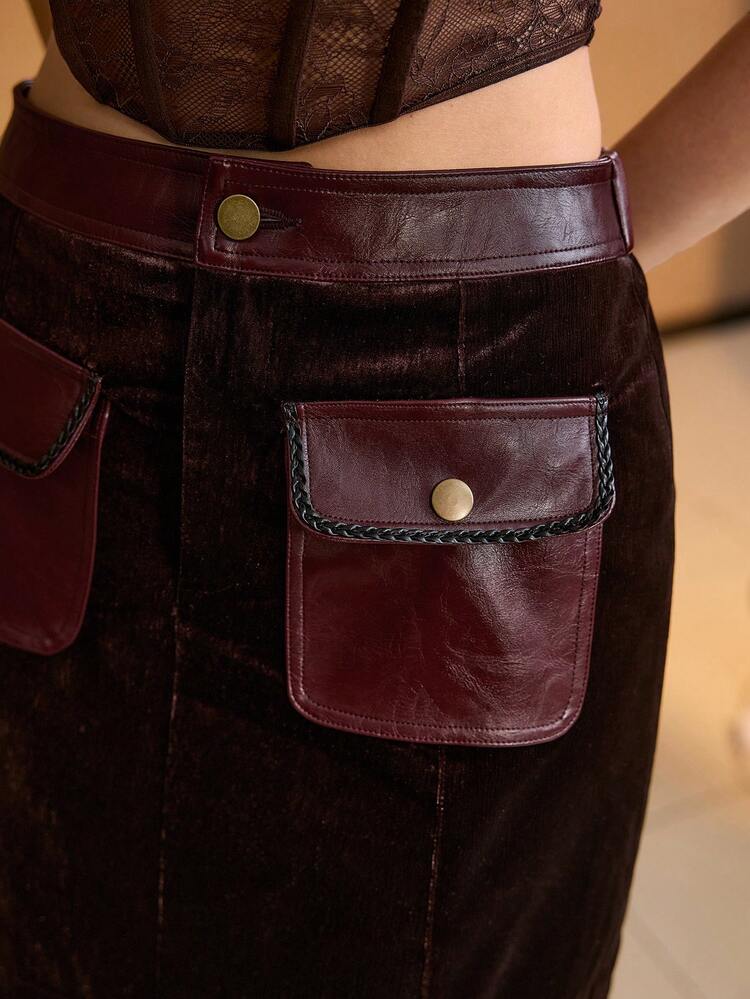 WOMEN'S SOLID COLOR VELVET PATCHWORK LEATHER BRAIDED ROPE DECOR POCKET ELEGANT SHORT SKIRT
