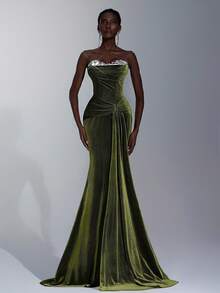 Elitara Elegant Military Green Velvet Bustier Dress,Luxurious Patchwork,Draped Neckline,Ruched Waist,Flounce Hem,Suitable For Dates,Weddings,Formal Occasions - Army Green - View 5
