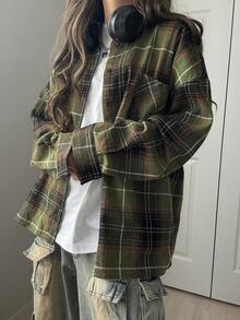 FRIFUL 女士休闲格子落肩宽松衬衫，秋季长袖女式 - 綠色 - 查看 3