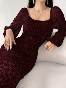 Modelyn Women's Round Neck Long Sleeve Leopard Print Ruched Elegant Mesh Casual Dress Maxi Women Outfit Long Evening Dresses - Burgundy - View 7