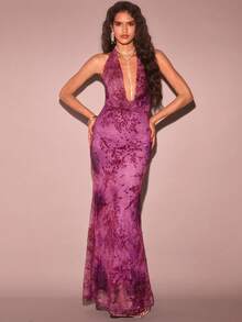 Glamine 女式复古天鹅绒扎染露背长裙，性感深 V 领露背优雅长裙 - 紫色 - 查看 5