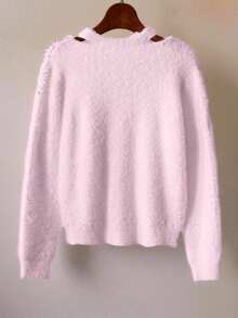 GlowEve 秋冬款光滑柔软舒适镶钻珍珠肩圆领针织毛衣，轻薄不臃肿不脱落 - 淺粉色 - 查看 2