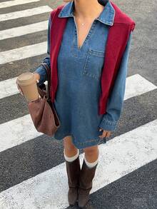 Muchica 女士休闲牛仔连衣裙，翻领带口袋，长袖，秋季款 - 中等水洗藍 - 查看 1