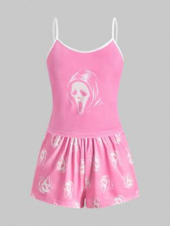 Goth Set pigiama casual da donna con canotta e pantaloncini a contrasto con motivo gotico e imp