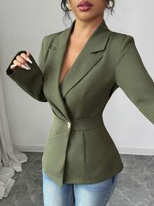 SHEIN Elenzya Women's Elegant Military Green Cinched Waist Regular Blazer Jacket, Suitable For Dates, Parties, And Everyday Wear, Autumn/Winter - Army Green - View 7