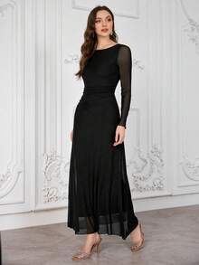 Modelyn 女士网纱长袖褶皱腰身连衣裙酒红色长款女装晚礼服 - 黑色 - 查看 6