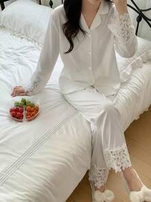 2-delars premium enfärgade nattkläder för kvinnor, långärmad topp och byxor, bekväma loungekläder - Vitt - Visa 3