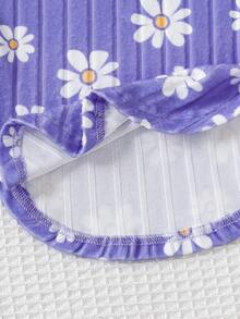 SHEIN Playful Pals 6件套可爱女童春秋季罗纹面料蝴蝶结印花/蝴蝶结满印/纯色玫红色长袖弧形下摆T恤和修身长裤休闲时尚套装 - 紫色 - 查看 8